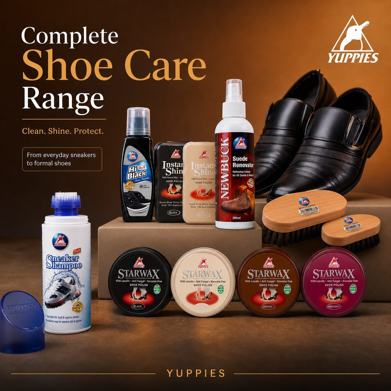 Complete Yuppies shoe care range in Pakistan — Glo-King liquid shoe polish, Star Wax paste, Instant Shine sponge, Sneaker Shampoo, whiteners and brushes