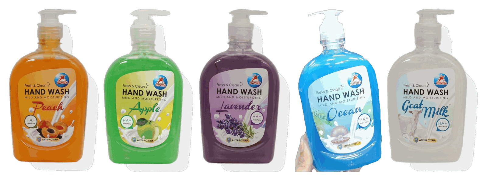 Yuppies Antibacterial Hand Wash range Pakistan — Peach, Apple, Lavender, Ocean and Goat Milk 500ml bottles